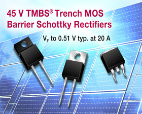 Vishay發布12個采用不同封裝的45VTMBS®TrenchMOS勢壘肖特基整流器