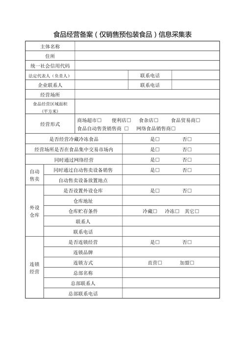 食品經營備案僅銷售預包裝食品信息采集表